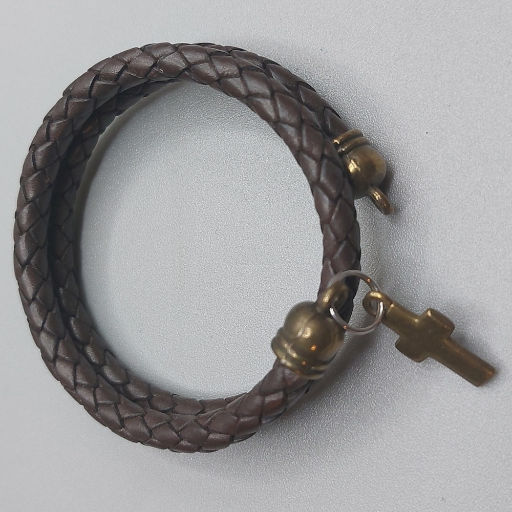 Brown Braided Leather Bracelet with Brass Cross Charm